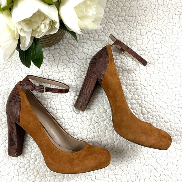 Franco Sarto Denise Sandy Brown Suede Emboss Snakeskin Mary Jane Heel Size 9 - Picture 1 of 11